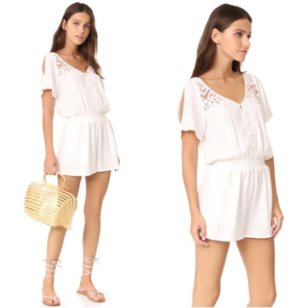 L*SPACE Meadow Romper Short Sleeve Lace V-Neck Jumpsuit White Button Size Small